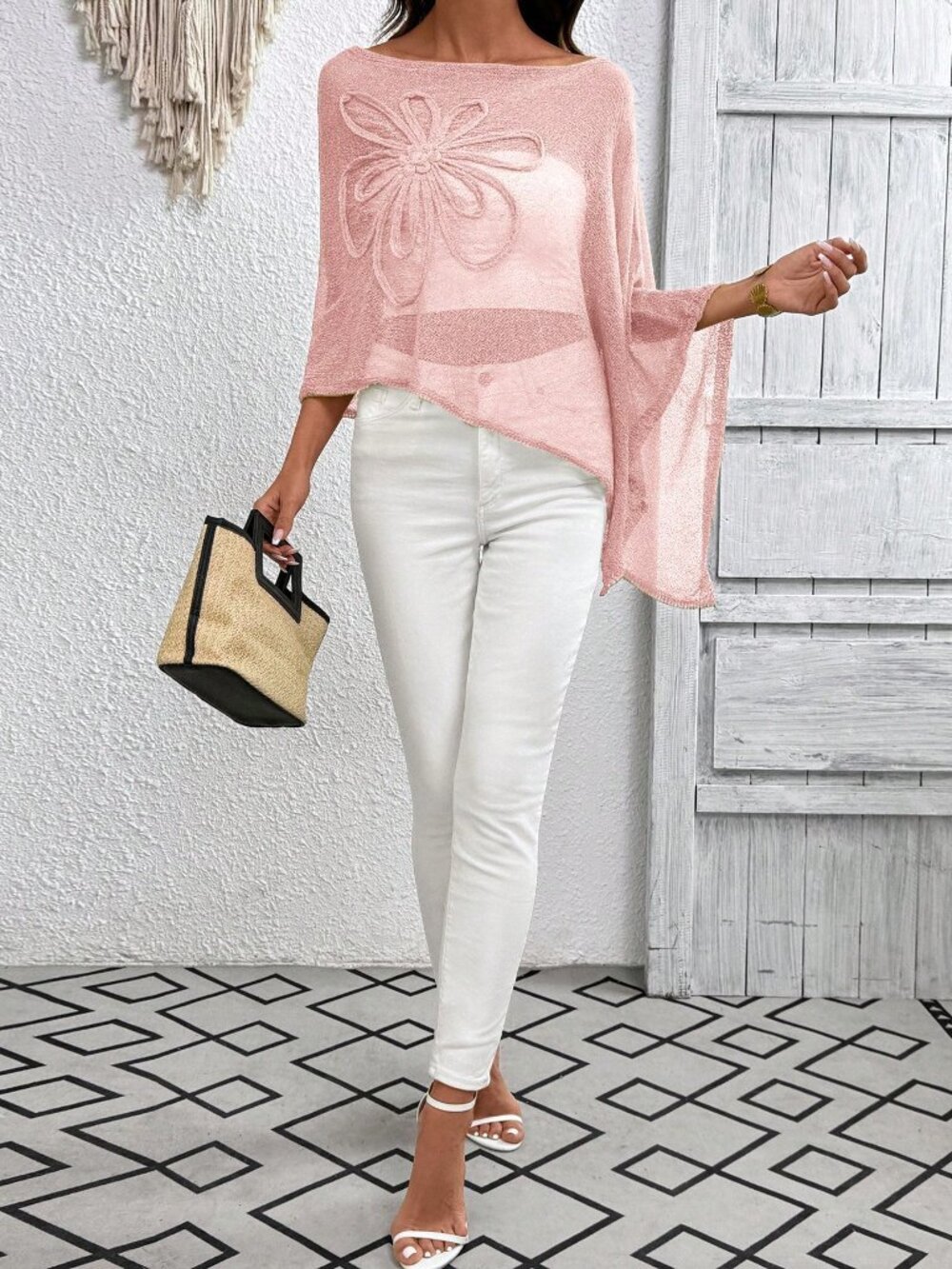 Pink Casual Women's Plus Size Asymmetric Design Poncho-Style Knit Top - Picture 4 of 7